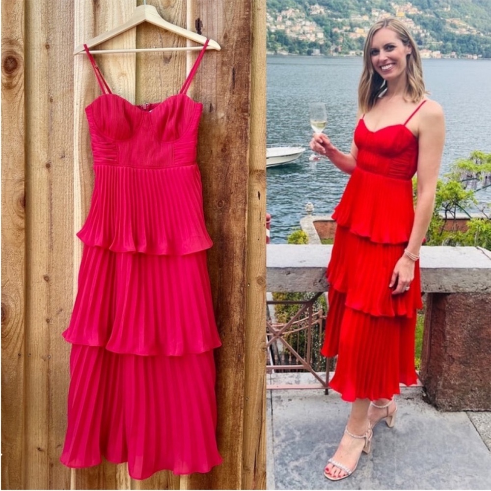 Red Bustier Pleated Tiered Chiffon Midi Dress 🌿 similar to Abercrombie Giselle